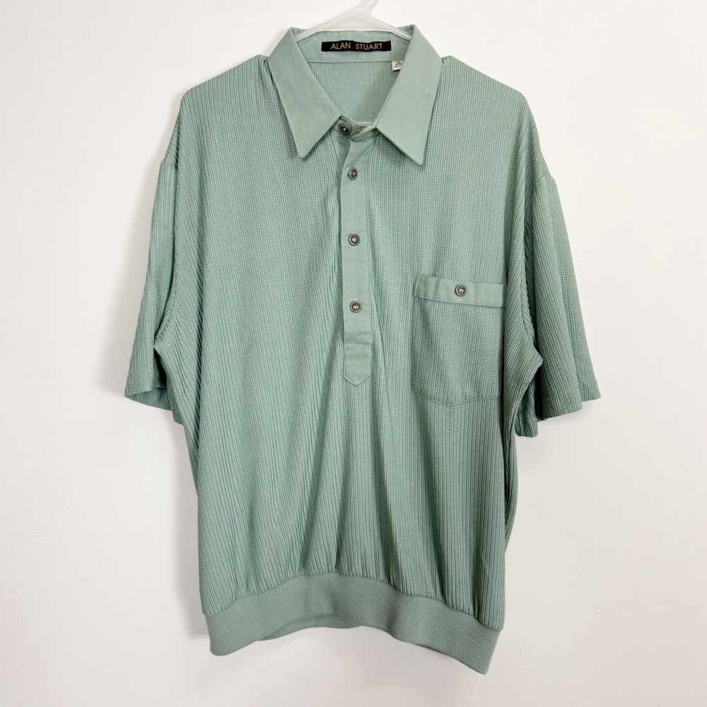 Alan Stuart Ribbed Pleated Plisse Banded Waist Polo Mens XL Green Textured VTG